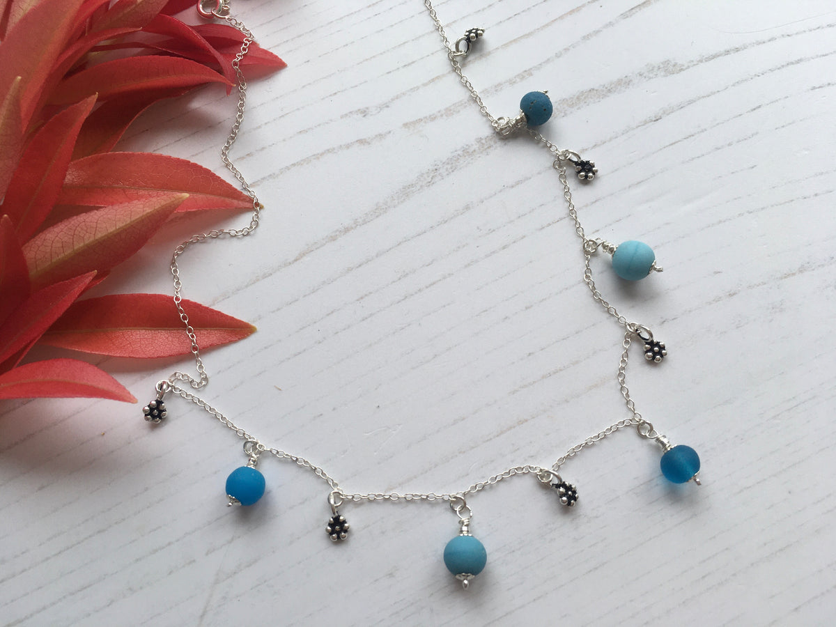 Blue glass and silver beaded necklace with silver link chain aqua blue  color New