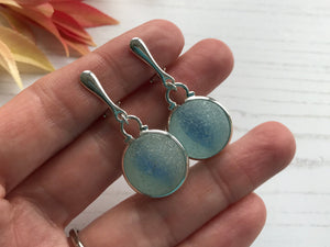 Sea Glass Marble Earrings - Clip on - Non pierced Blue Cat's Eyes