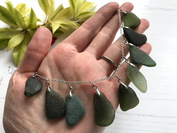 Green Sea Glass Necklace, Silver Plated 20”