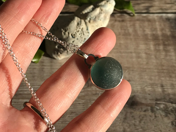 Japanese Sea Glass Marble Necklace, Ombre Aqua Beach Glass, Sphere Pendant