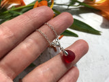 Red Sea Glass Necklace, red beach glass pendant with leaf setting