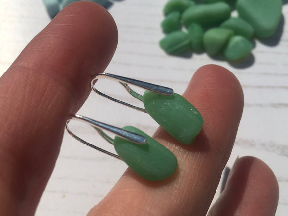 Waterdops - Green Milk Sea Glass, Sterling Silver Earrings