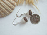 White Brown Sea Glass Stacker Earrings - sterling silver