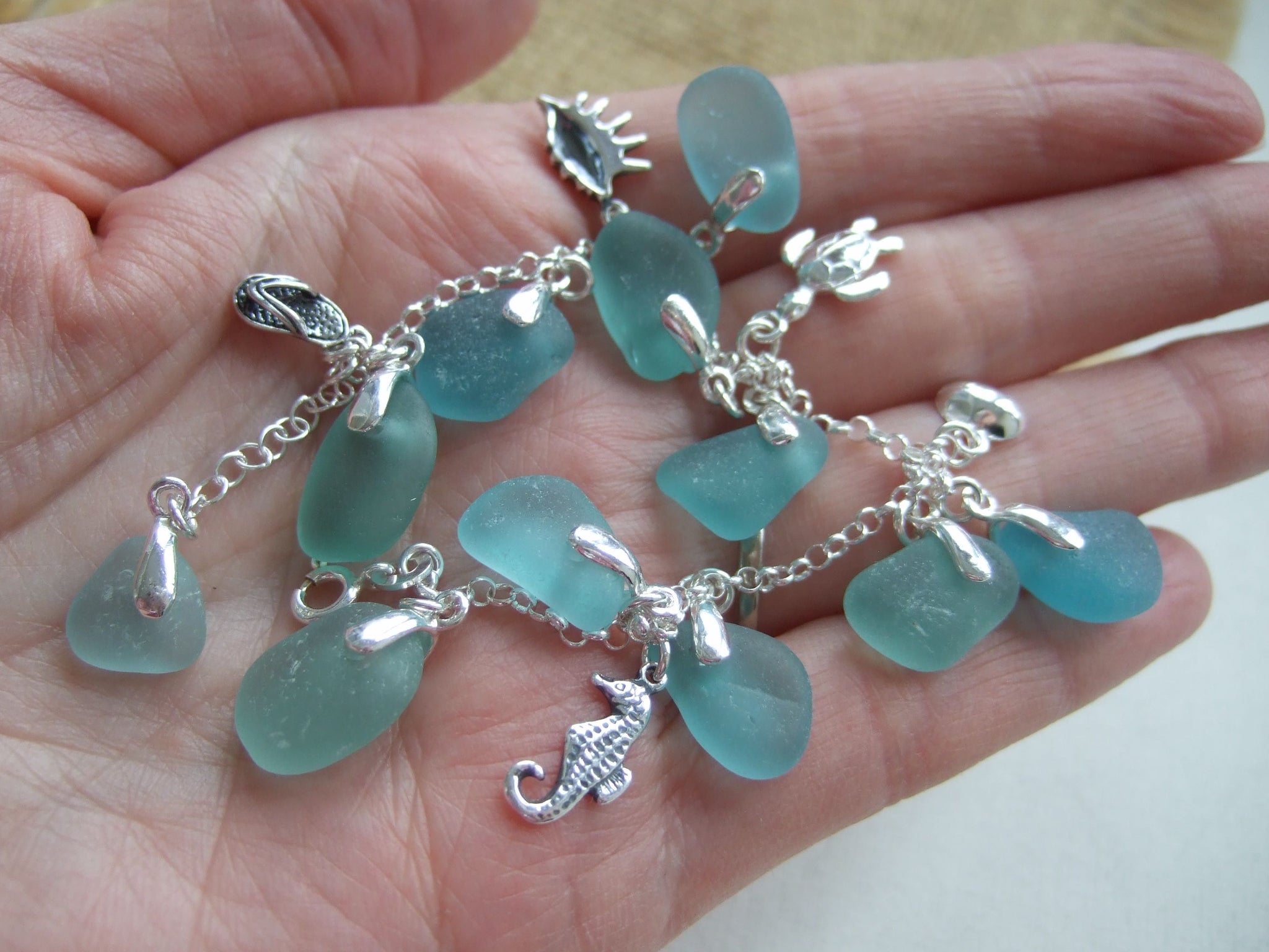 Sea Trio - Seafoam, Blue and Aqua Genuine Sea Glass Beach Bangle Locket  Bracelet With Sandollar